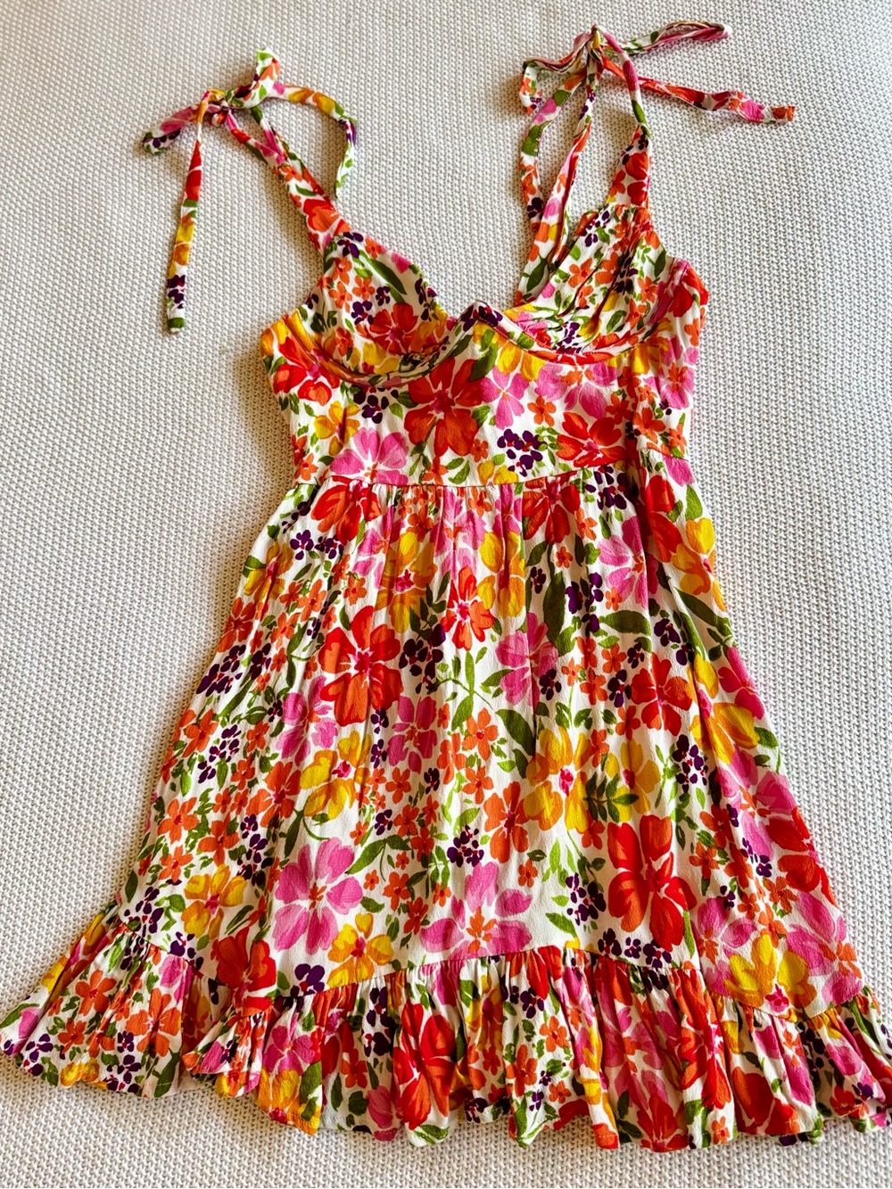 SKY TO MOON Flirty Ruffle Bright Floral Tie-Shoulder Bustier Mini Dress - Picture 2 of 13